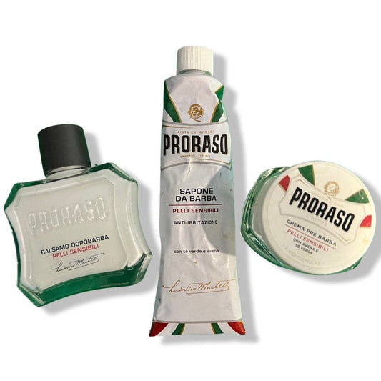 Green Tea & Oat Sensitive Shaving Cream, Balm, Pre-Shave Set - by Proraso (Pre-Owned)
