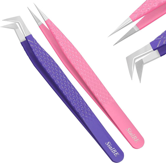 Fiber Tip Lash Tweezers-SialBE Diamond Grip Eyelash Tweezers, Straight and L-Shape Tweezers for Lash Extensions, 2 Pcs Stainless Steel Lash Extension Tweezers For Lash Experts and Personal Use